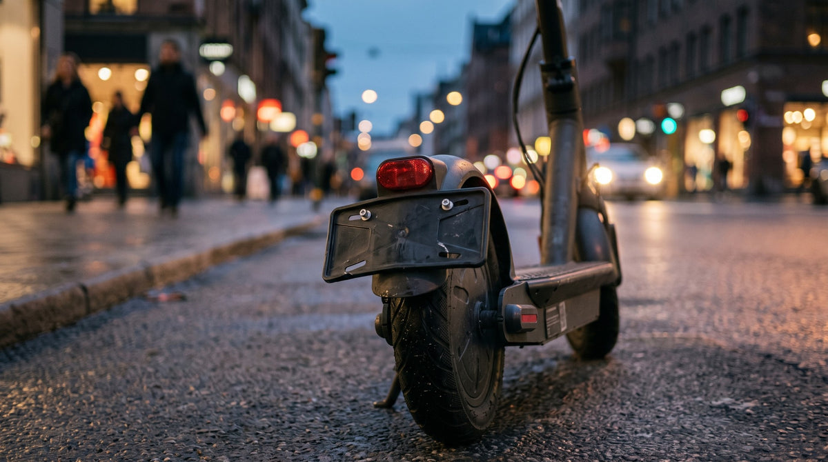 KI-generiertes Symbolbild: Heck eines E-Scooters auf nasser Straße in der Dämmerung, die Kennzeichenhalterung ist leer, nur zwei Schrauben stecken noch