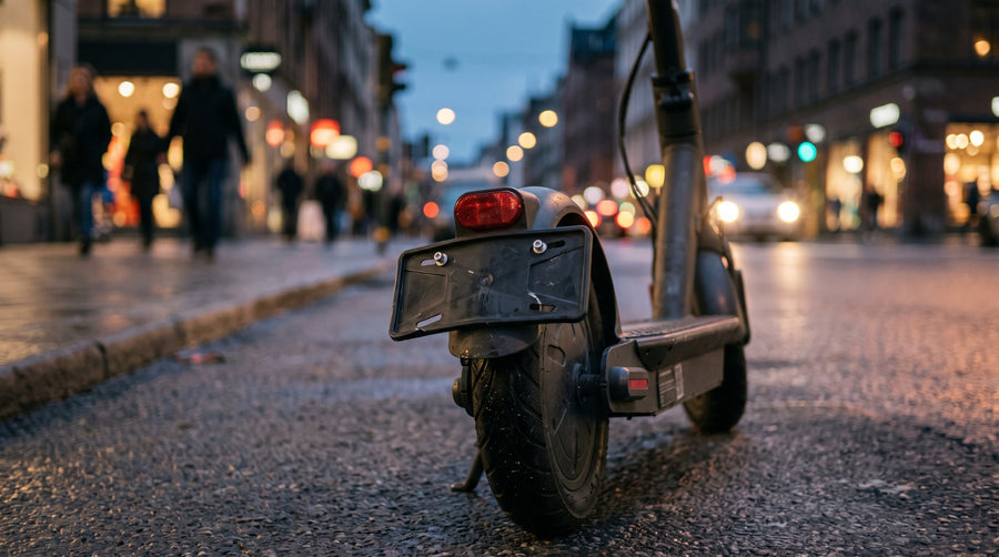 KI-generiertes Symbolbild: Heck eines E-Scooters auf nasser Straße in der Dämmerung, die Kennzeichenhalterung ist leer, nur zwei Schrauben stecken noch