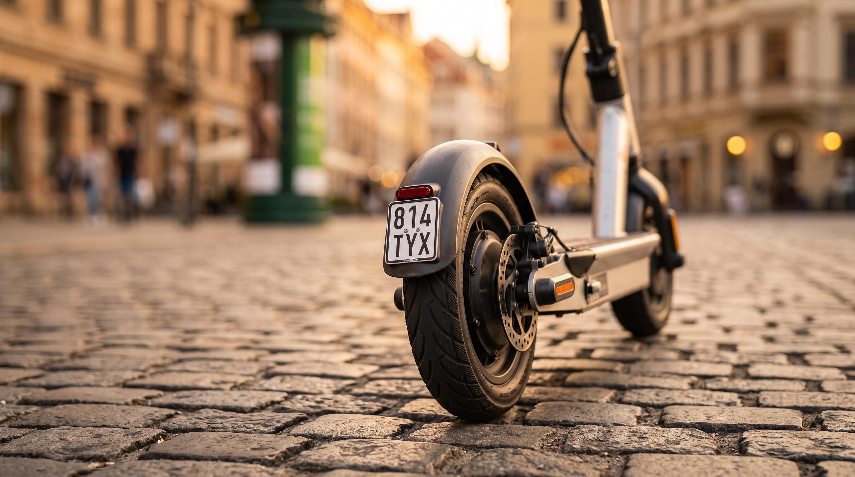 E-Scooter mit Versicherungskennzeichen am Heck in der Stadt