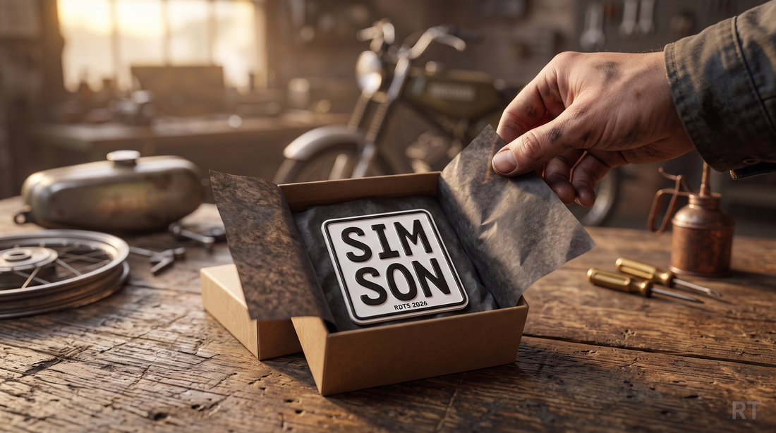 Deko-Kennzeichen SIM SON wird als Geschenk in der Werkstatt ausgepackt