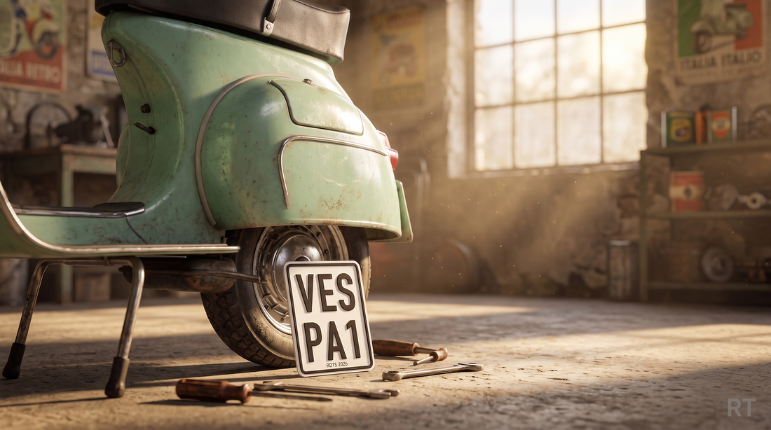 Deko-Kennzeichen VES PA1 lehnt an einer klassischen Vespa in der Garage