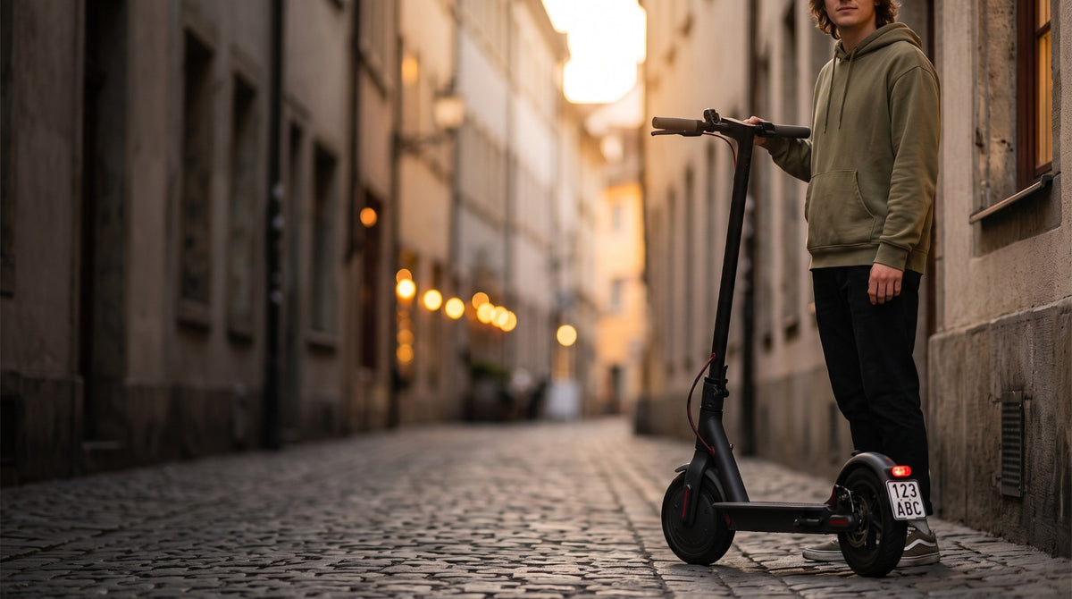 KI-generiertes Symbolbild: junger Mann mit schwarzem E-Scooter in einer Altstadtgasse, hinten ein weißes Deko-Kennzeichen