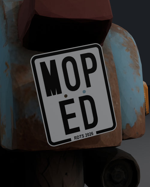 Moped-Kennzeichen von RideTags am Heck eines Rollers montiert - weisses Mopedschild mit erhabener schwarzer Schrift, 3D-Render