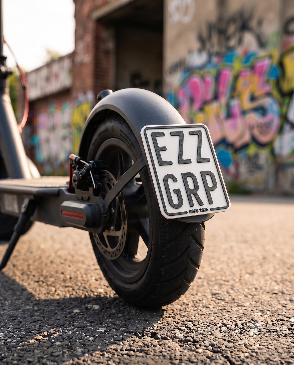 Personalisiertes Deko-Kennzeichen am stehenden E-Scooter - Custom Schild mit RDTS-Stempel